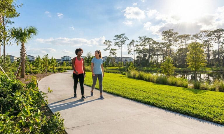 Two women walking along a scenic pathway in Center Lake Ranch, surrounded by lush greenery and residential buildings, reflecting an active lifestyle in the community.